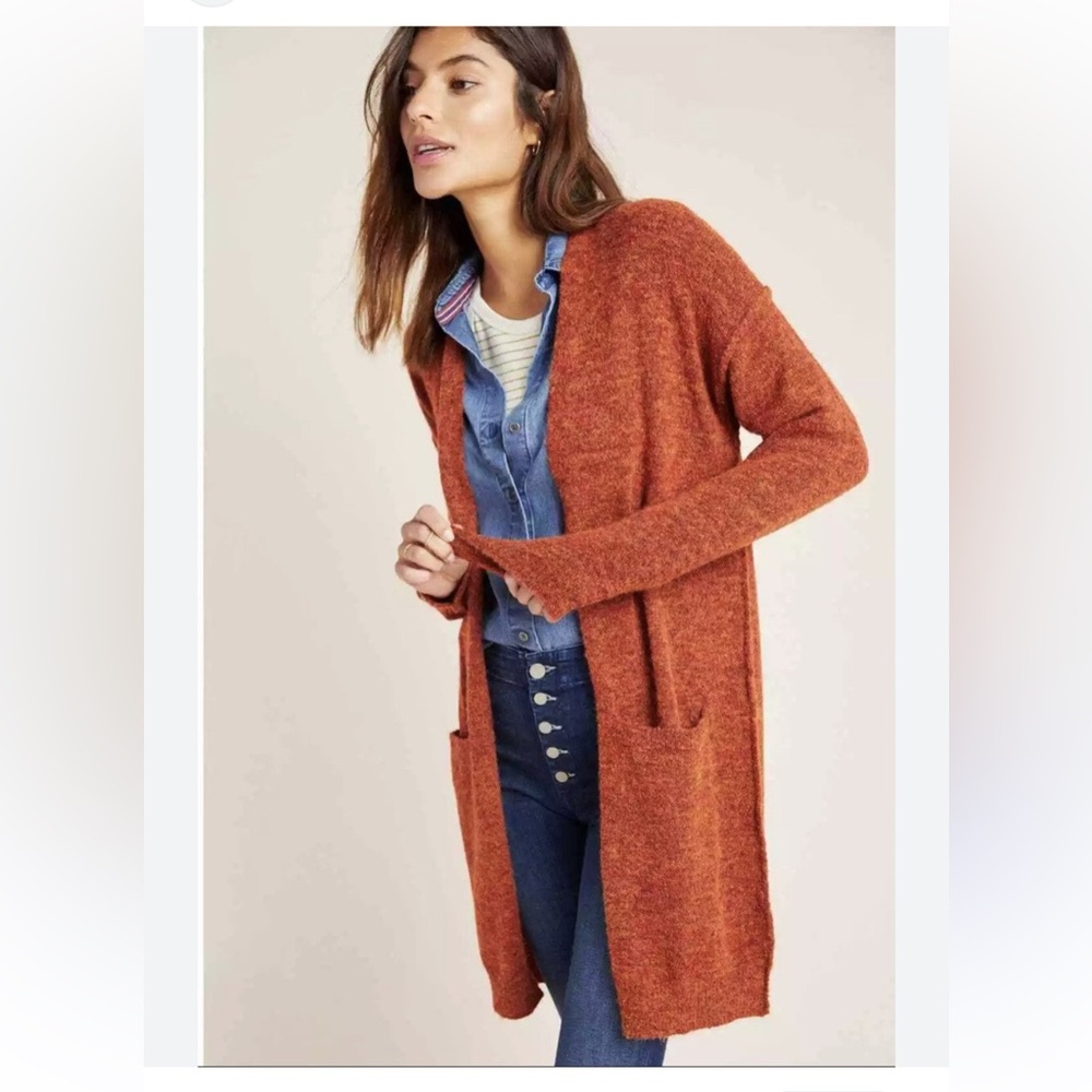 Anthropologie pumpkin heather boho oversized open front soft sweater pockets - Picture 2 of 10